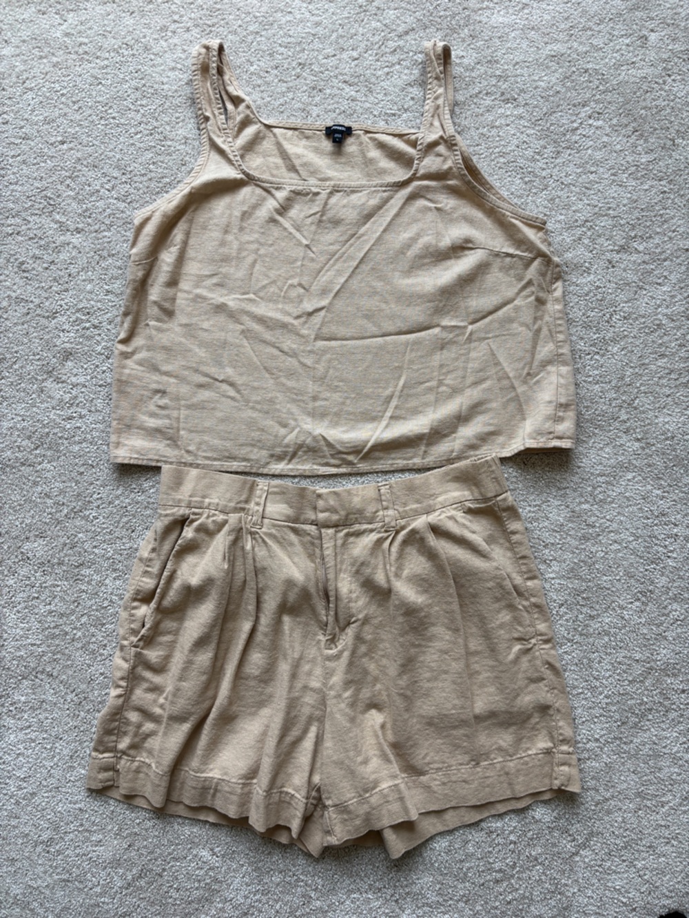 Express Neutral Khaki Linen-Texture Top - Beige and Short Matching Set